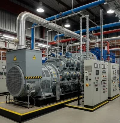 Fotografía dentro de una Industria que cuenta con una planta eléctrica en una gran bodega gris.