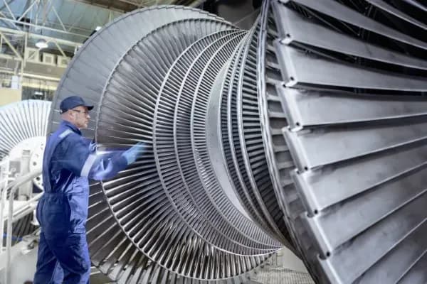 Fotografía de un Hombre vestido de azul revisando una turbina de gas plateada de DTC Machinery