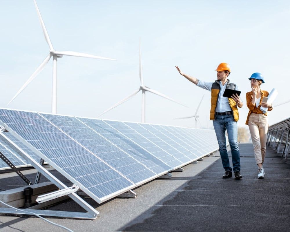 dos ingenieros caminando entre paneles solares en proyecto de ahorro energetico industrial.jpg